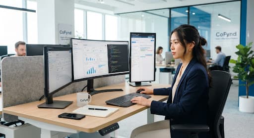 Woman working at a modern desk setup